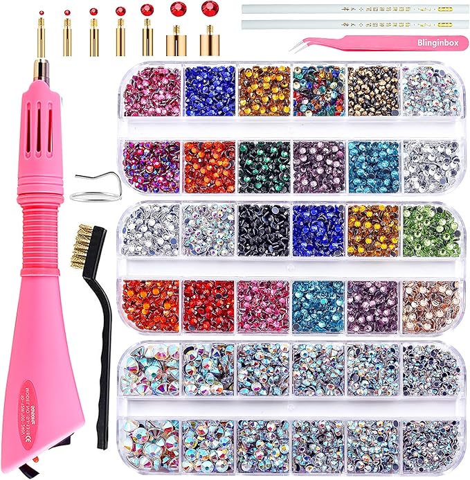 Blinginbox Hotfix Rhinestone Setter, Hot Fix Applicator Tool Bedazzler Kit with Rhinestones, Kit, Hot Fixed Wand for Clothes Clothing Fabric Crafts, 6000 Pcs, AB Crystal, Clear,7 Tips Sizes