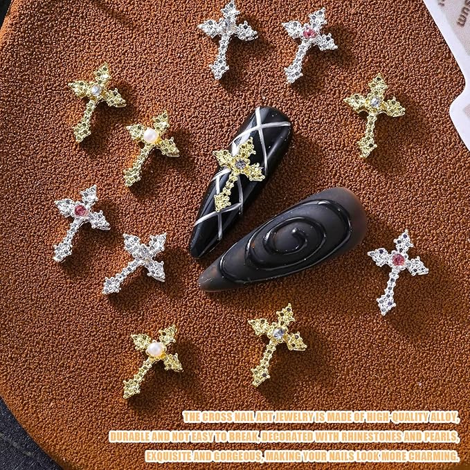 3D Cross Nail Charms, 40 Pcs Gold Silver Crystal Cross Decorations for Nail Art for DIY Design and Jewelry Making (Pearl+ Rhinestones)