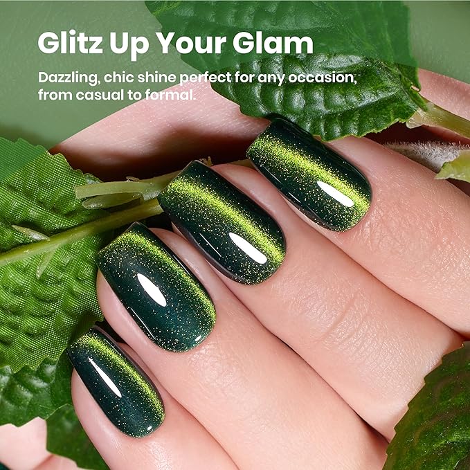 Beetles Forest Flame Green Cat Eye Gel Nail Polish - 15ML Green Cat Eye Gel Polish Glitter Magnetic Translucent Glassy Effect Soak Off UV French Nail Art DIY Manicure Stpatrick Gifts for Women