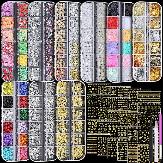 9 Boxes Nail Art Rhinestones Kit with 30 Sheets Nail Art Stickers, Gold Nail Studs Nail Sequins Flatback Pearls Rhinestones for Crafts, Small Fruit Nail Charms Tiny Gems for Nails DIY Decorations