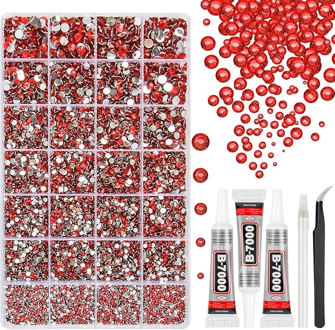 33000Pcs Red Resin Jelly Rhinestones for Bedazzling, 2-6mm Flatback Gems for Diamond Art, Bedazzler Kit with 3Pcs 10ml B7000 Jewelry Glue for Crafting Crafts Nail Art