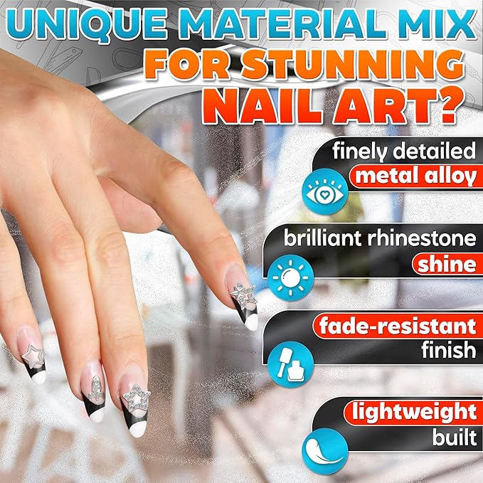 110 Pcs Silver Nail Charms and Gems - Complete Art Set with Cross, Planet, Piercing Ring & Silver Star Nail Charms Designs with Rhinestones - Easy-to-Apply, Sturdy Acrylic for Stylish Manicures