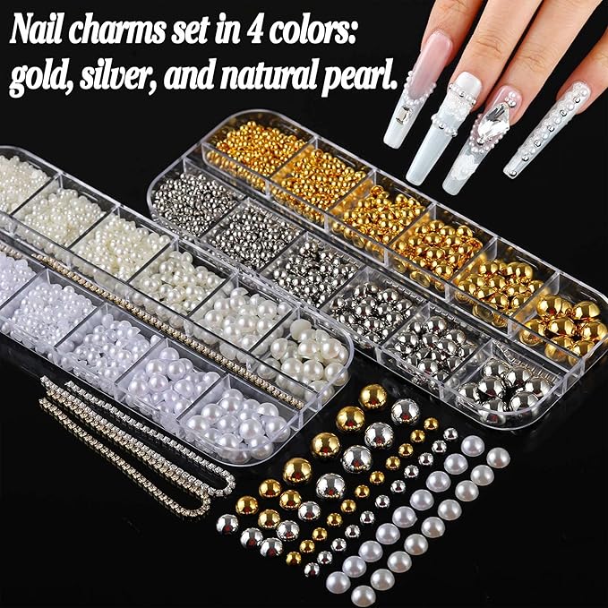 BANA Nail Charms for Rhinestones Kit with 13 Boxes of Nail Gems, 18000Pcs 3D Gold and Silver Nail Charms with Cross, Crown, Pearls for DIY Nail Designs