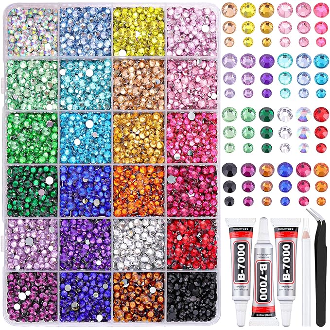 Resin Rhinestones for Bedazzling with Tweezers, 12000Pcs Multicolor 3/4/5mm Rhinestones for Crafting with 3Pcs 10ml B7000 Jewelry Glue for DIY Crafts Clothing Tumblers Shoes Fabric Nail Art