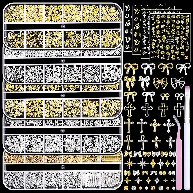 5 Boxes Gold & Silver Metal Nail 3D Punk Studs Star Cross Bow Gems and Small Caviar Beads Pearls Rhinestones Nail Art Jewels with Tweezers and Nail Brush and a Wax Pen Picker(9-Gold & Silver Studs)