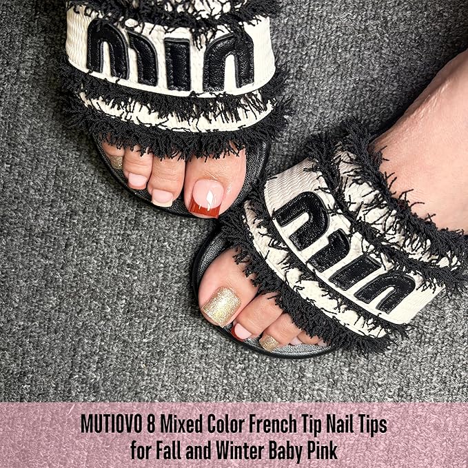 8 MIXED WINTER COLOR French Tip Toe Nail Tips Press on, BABY PINK Sharp Square Medium Wide Fake Toenails, Full Cover Acrylic,Builder Gel & Top Coat,Need Nail Glue,for DIY x 15 Sizes 240 pcs