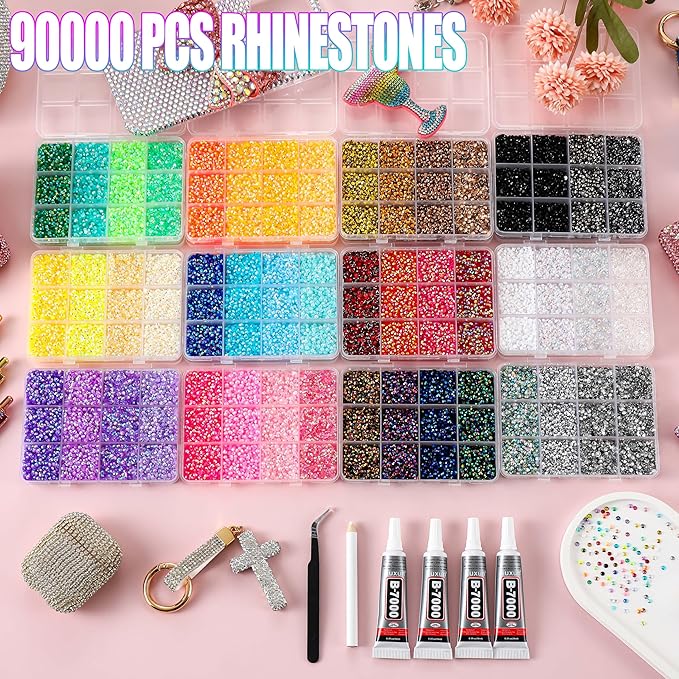 90000Pcs Bedazzling Kit for 12 Colors Rhinestones with 4 Shades Each - 12 Box Diamond Art, 3mm Flatback Gems with 4×10ml B7000 Jewelry Glue & Tools, Perfect for Nail Art, Crafting, Clothing