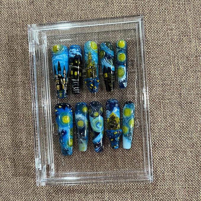 Press on Nails Handmade Nails 10Pcs Watercolor Style Style Hand-painted Monet's Garden Manual Press on Nails for Women Party Holiday Photo 40mm Long Size L