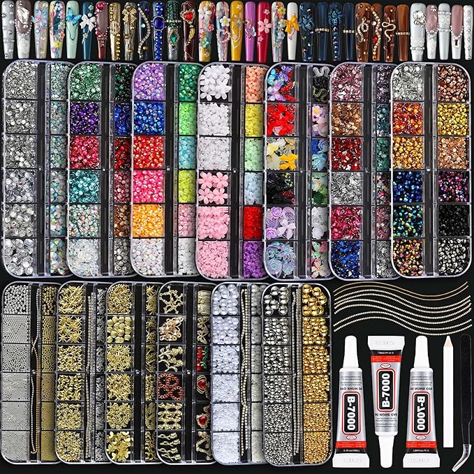BANA Nail Charms for Rhinestones Kit with 13 Boxes of Nail Gems, 18000Pcs 3D Gold and Silver Nail Charms with Cross, Crown, Pearls for DIY Nail Designs