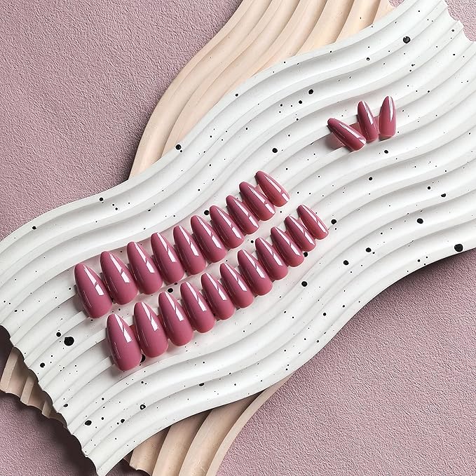 Plum Press on Nails Almond Shaped Medium Length - Neutral Acrylic Reusable Fake Nails for Women Girls, Glue on Stiletto False Nails, Soft Gel Artificial