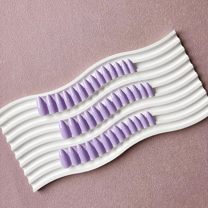 Lilac Press on Nails - 48Pcs Almond Shaped Neutral Thick Fake Nails for Women, Medium Length, Reusable Acrylic, Glue on, Stiletto False, Gel Artificial Lavender