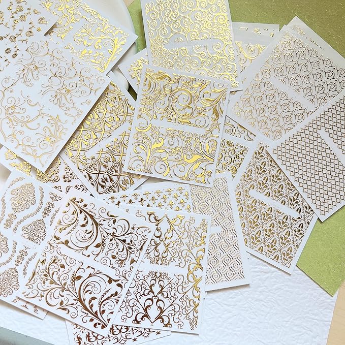 NAIL ANGEL 26Sheets Nail Art Adhesive Sticker Sheets Different Gold Color Luxury Shapes Sticker Nail Art Deco 10300