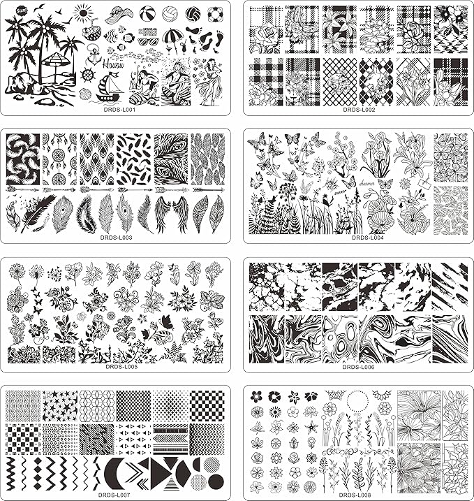VNC 13pcs Nail Stamp Plates set 8 plate 2Stamper 2Scraper 1storage bag Nails Art Stamping Plate Scraper Stamper Set Leaves Flowerst Travel Patterns Nail plate Template Image Plate