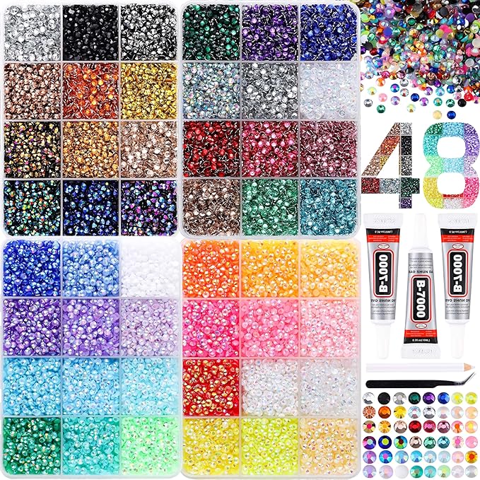 BANA 30000Pcs in 48 Colors Rhinestones for Bedazzling and Diamond Art, 3mm Flatback Gems with 3×10ml B7000 Jewelry Glue Tweezers, Perfect for Nail Art, Crafting, Clothing, Fabric Decor