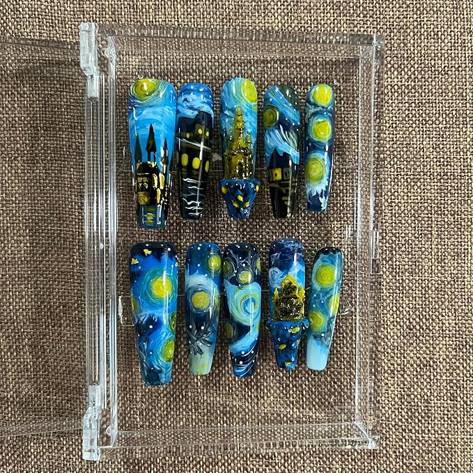 Press on Nails Handmade Nails 10Pcs Watercolor Style Style Hand-painted Monet's Garden Manual Press on Nails for Women Party Holiday Photo 40mm Long Size M