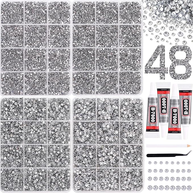 38000Pcs Bedazzling Kit with Rhinestones, Silver Clear Flatback Gems for Diamonds Art, 4 Boxes Bedazzler Kit Tweezers, Wax Pen & 4×10ml B7000 Jewelry Glue for Nail Art, Clothing, Crafts