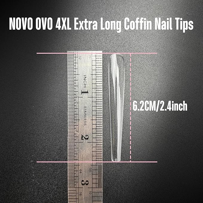 NOVO OVO 4XL Extra Long Coffin Nail Tips (Clear, 120Pcs) - Soft Gel Gel X Style Full Cover False Nails, Super Long Ballerina Acrylic Fake Nail Tips for Press on Extension, DIY Salon (12 Sizes)