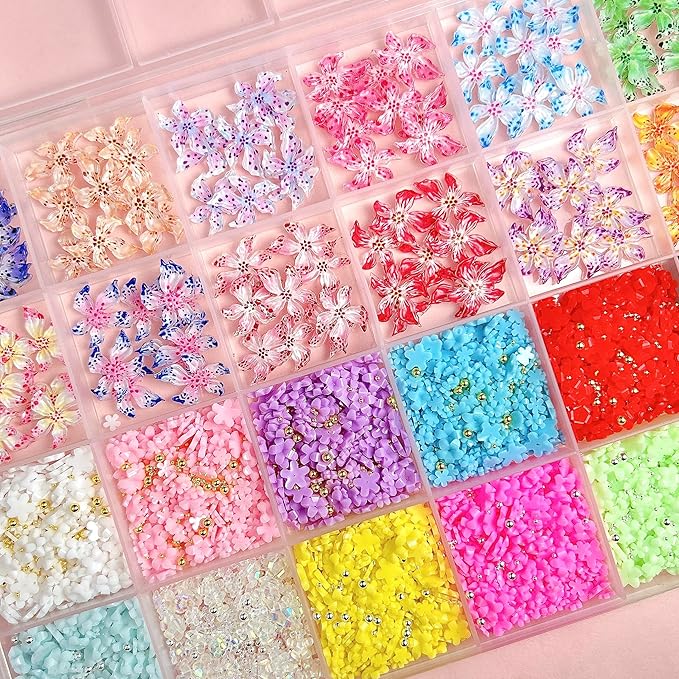 3D Flowers Nail Charms Kit, Colorful Hawaii Flower Nail Charms and Gems Cute Hibiscus Floral Charms for Nail, Spring Flowers for Nails Design with Caviar Beads for Nails Art Charms DIY Crafts