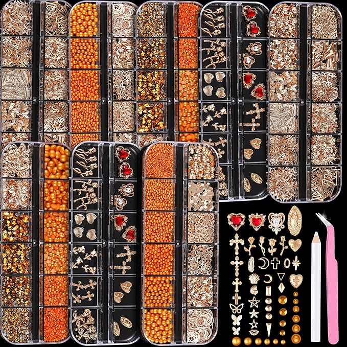 8 Boxes Nail Charms Set, with Gold Nail Charms and Gold Nail Gems, Nail Pearls Resin Rhinestones for Bedazzling &Nail Art Tools, 3D Cross Nail Charms Heart Gold Charms for Nails Art Supplies Kit