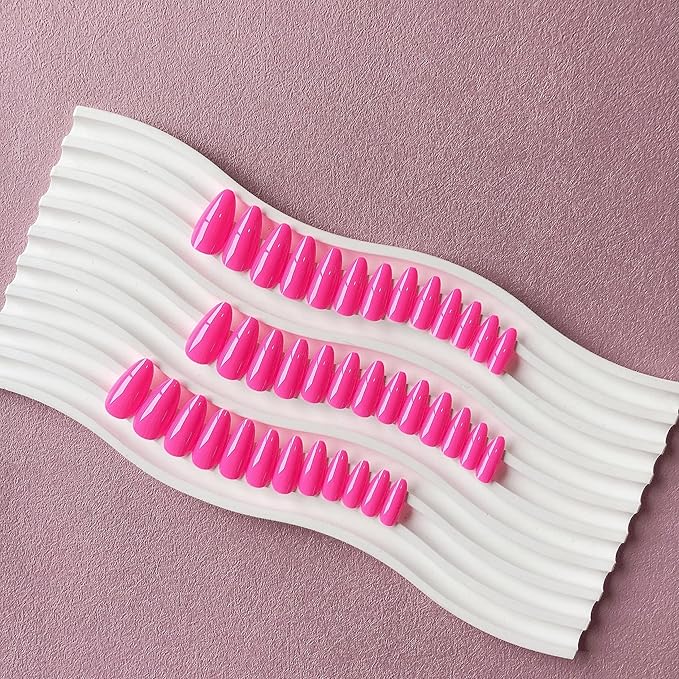Hot Pink Press On Almond Shaped 48pcs Neutral Thick Fake Nails - Medium Neon Almond Reusable Acrylic Glue On Medium Length Stiletto False Gel Artificial Nails