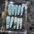 Sand Shifting Nails Press on Nails Handmade Nails 10Pcs Fresh Style Hand Embossed Blue Manual Press on Nails for Women Party Holiday Photo 4.0CM Long Size L