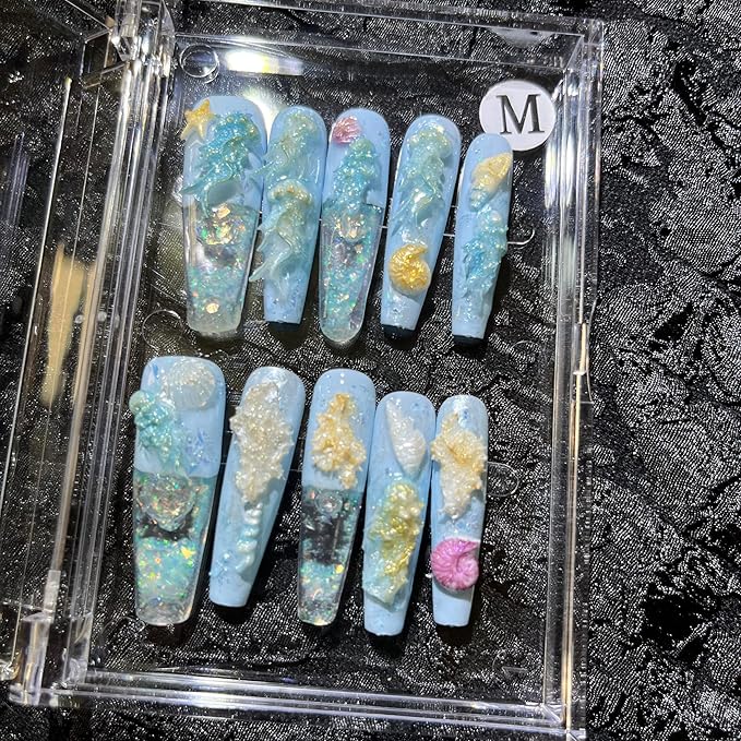 Sand Shifting Nails Press on Nails Handmade Nails 10Pcs Fresh Style Hand Embossed Blue Manual Press on Nails for Women Party Holiday Photo 4.0CM Long Size L
