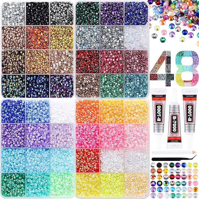 30000Pcs in 48 Colors Rhinestones for Bedazzling and Diamond Art, 3mm Flatback Gems with 3×10ml B7000 Jewelry Glue Tweezers, Perfect for Nail Art, Crafting, Clothing, Fabric Decor