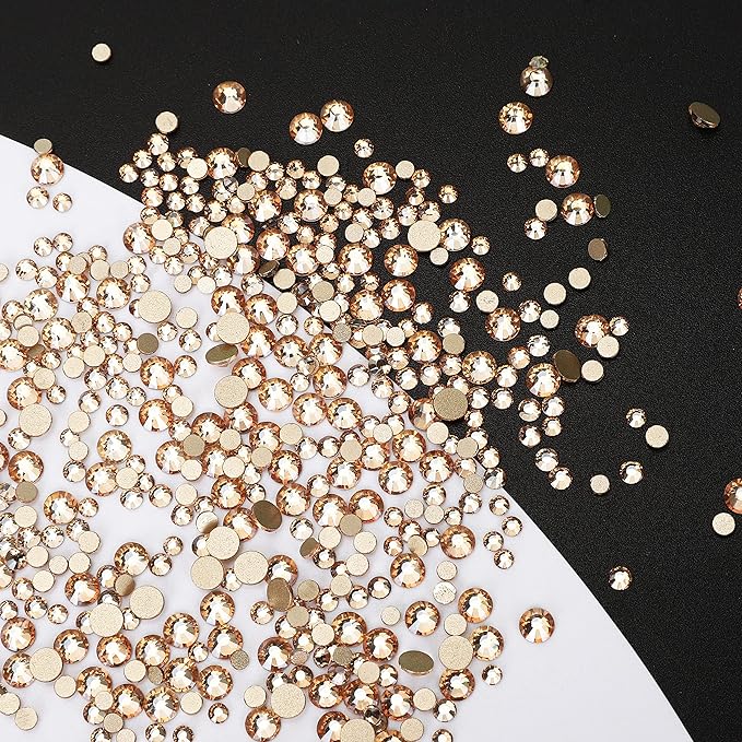2400 Pieces Flat Back Rhinestones Round Crystal Gems 6 Sizes (1.5-4.8 mm) Nail Jewels Craft Glass Diamonds Stones Kit with Tweezers and Picking Pen, for Nail Art Eye Makeup (Gold Shadow)